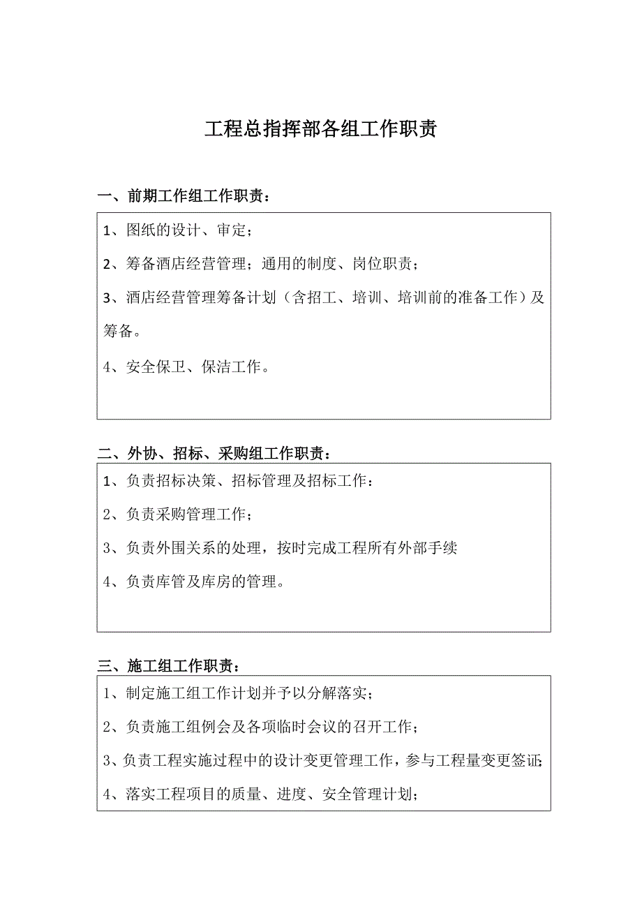 装修酒店工程总指挥部各岗位工作职责_第1页