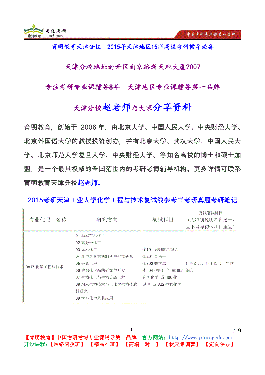 2015考研天津工业大学化学工程与技术复试线参考书考研真题考研笔记_第1页