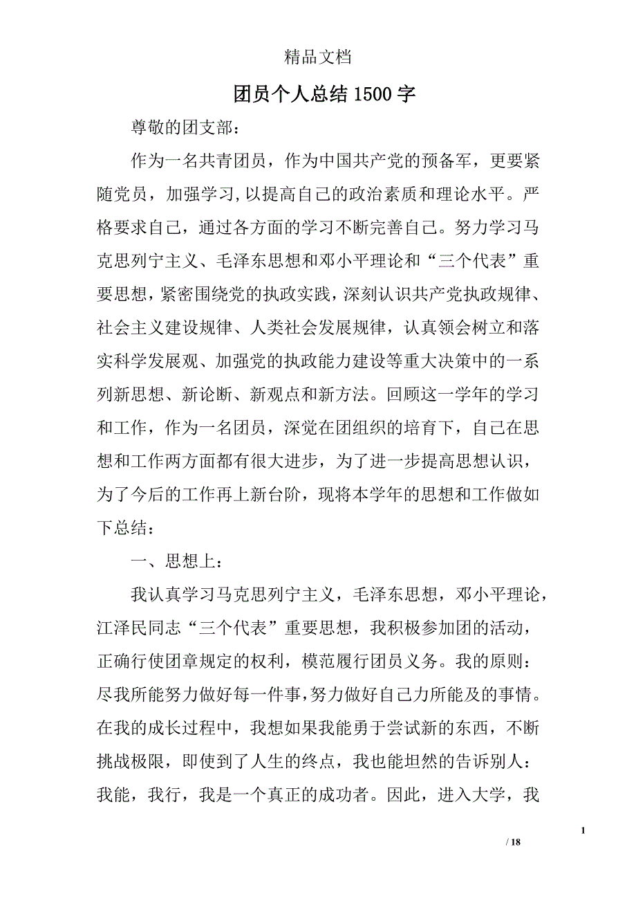 团员个人总结1500字精选 _第1页