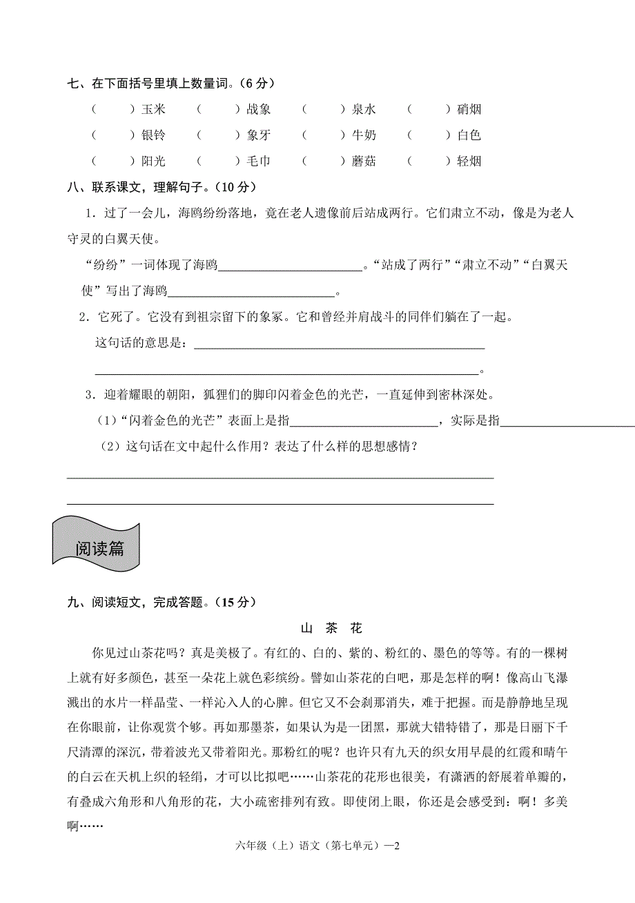 人教版六年级语文上册第七单元检测试题_第2页