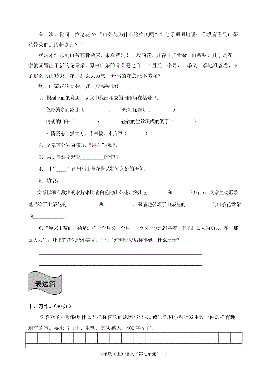 人教版六年级语文上册第七单元检测试题_第3页