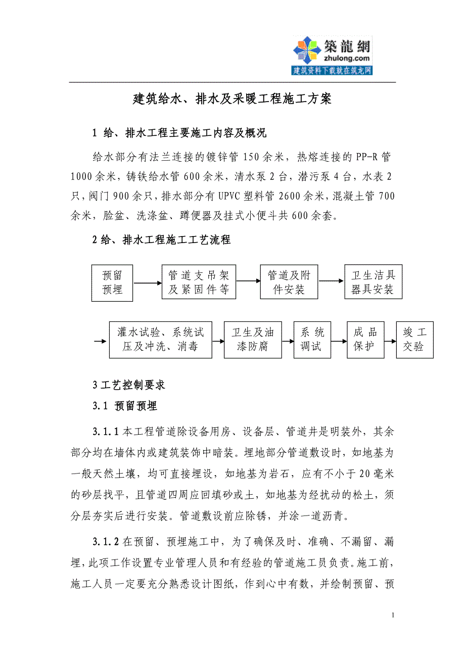 某建筑给水、排水及采暖工程施工方案p_第1页