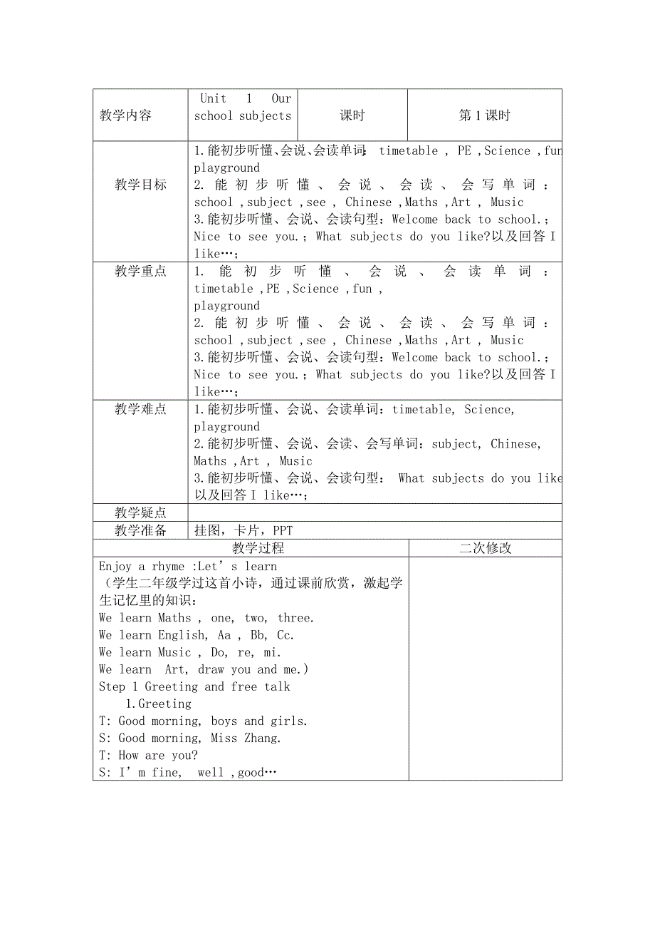 译林版四年级英语下册第一单元四课时教案表格版_第1页