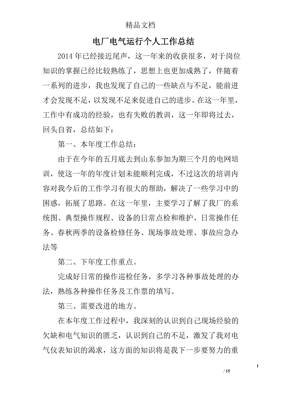 电厂电气运行个人工作总结精选 _第1页