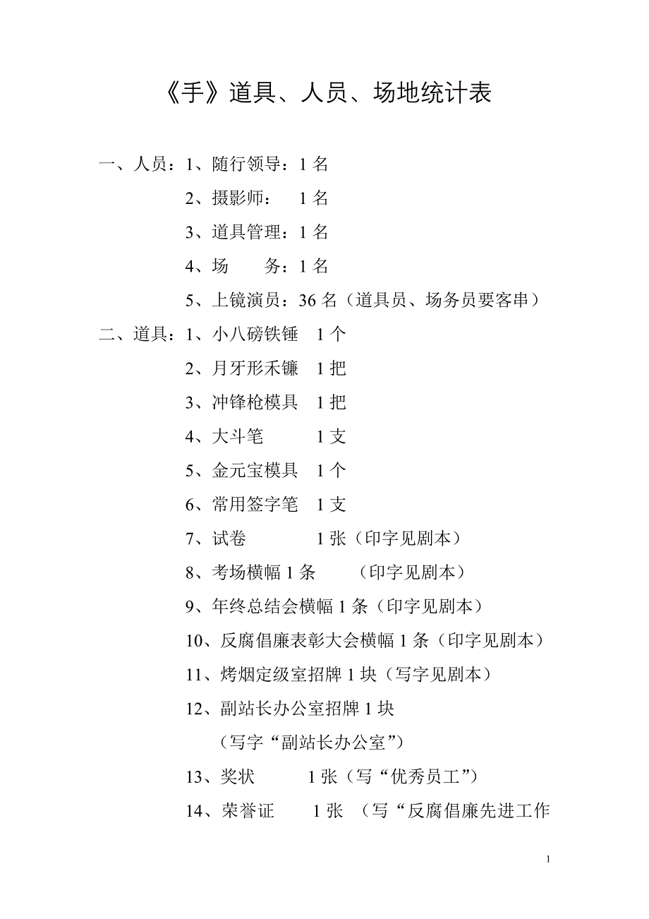 《手》人员、场地、道具、分布一览表_第1页