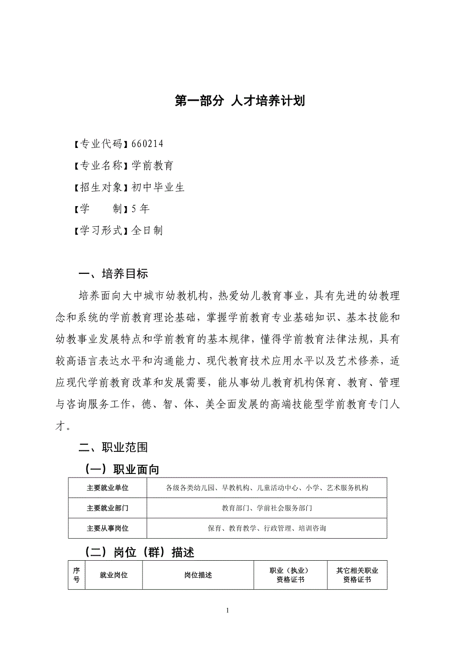 2014级“五年一贯制”学前教育专业人才培养方案_第1页