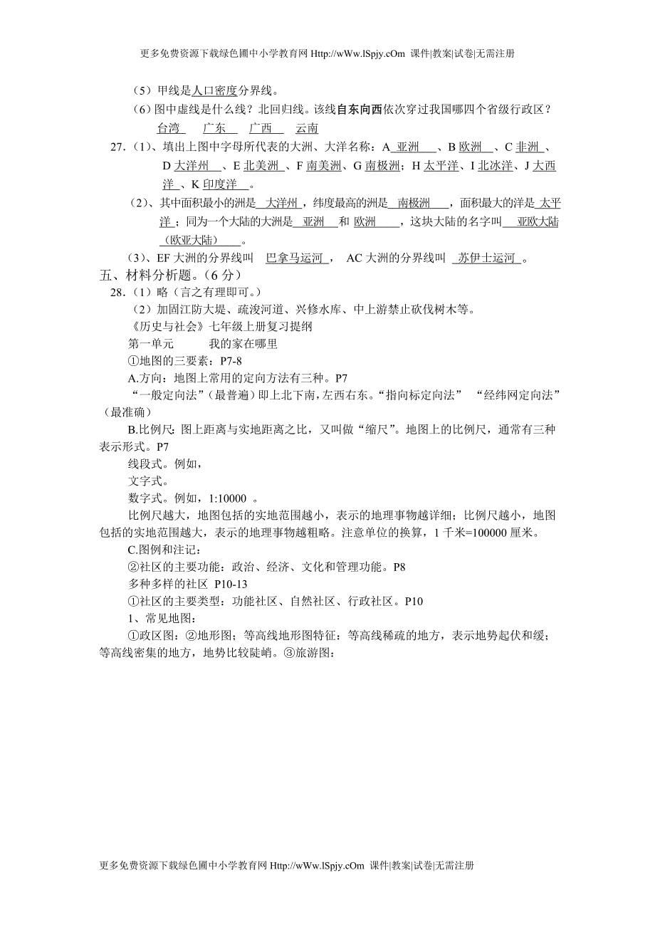 2012年最新人教版七年级历史与社会第一学期期中试题（含试卷答案）_第5页