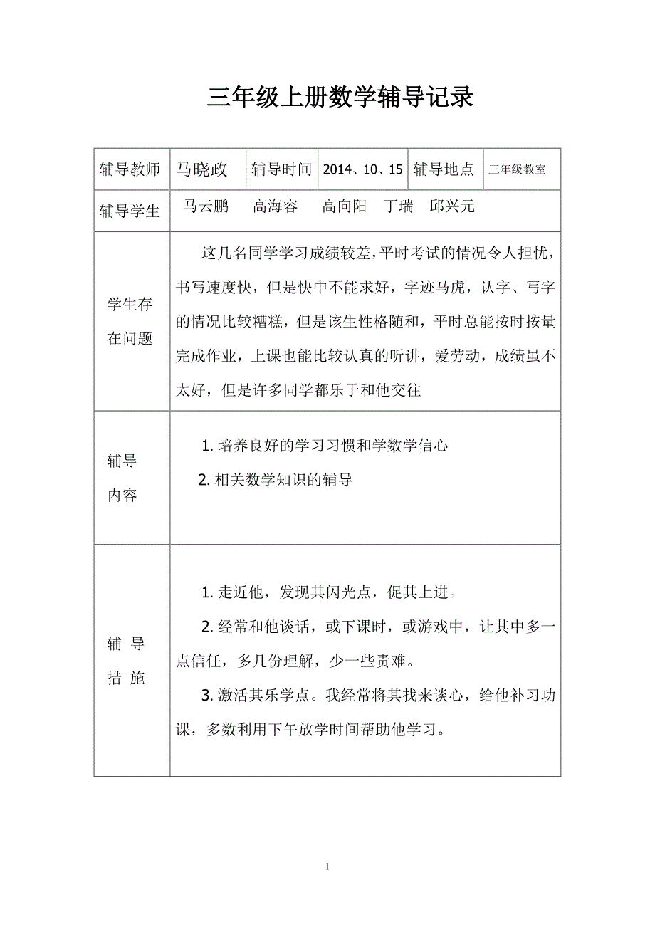 数学学困生辅导记录_第1页