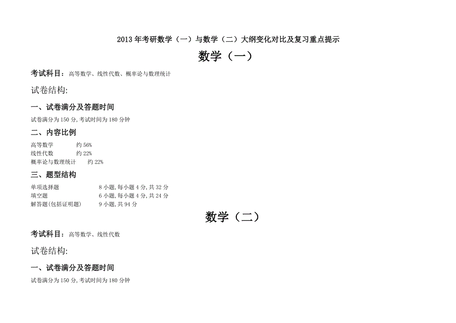 2013年数学一与数学二考研大纲对比_第1页