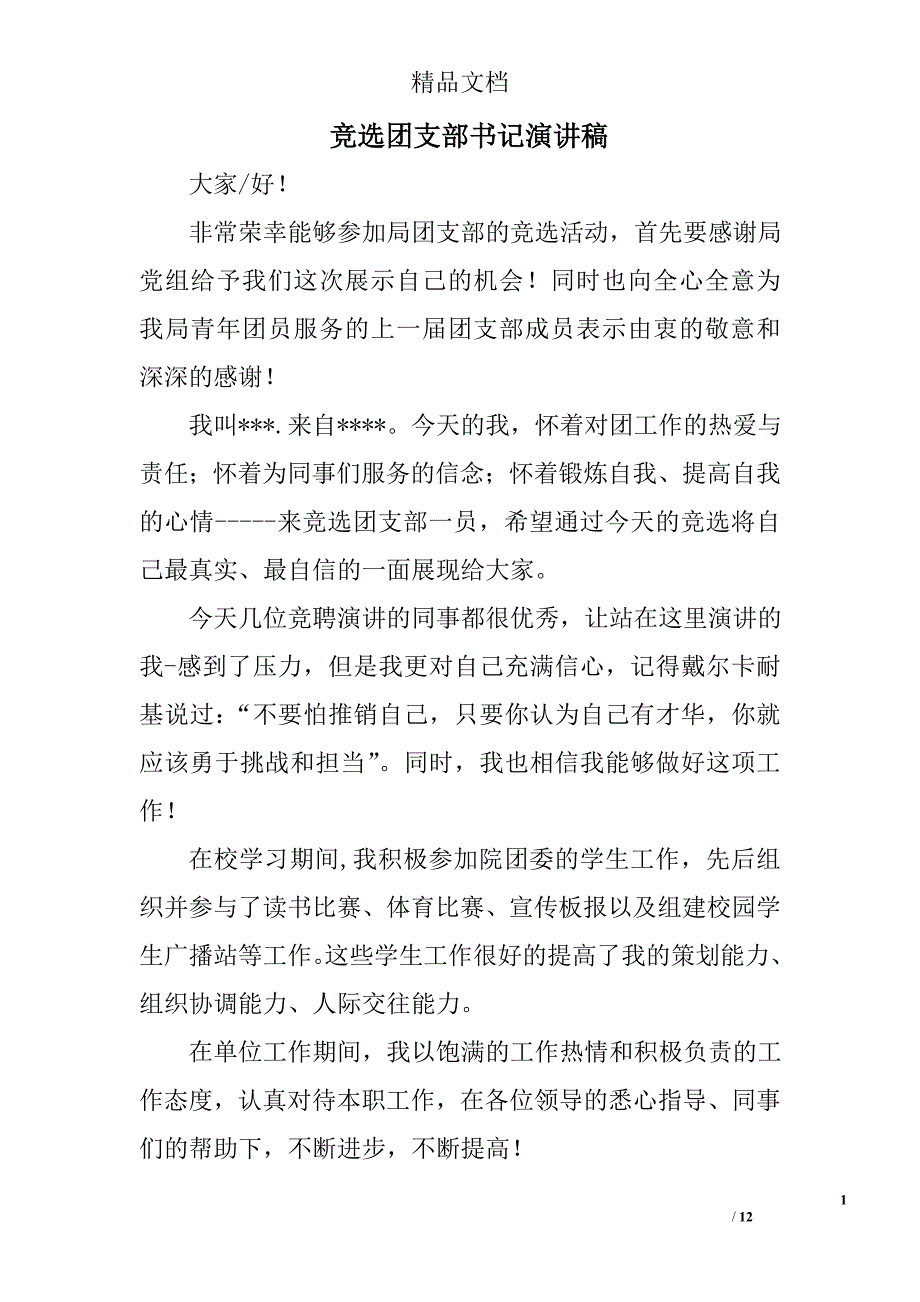 竞选团支部书记演讲稿精选 _第1页