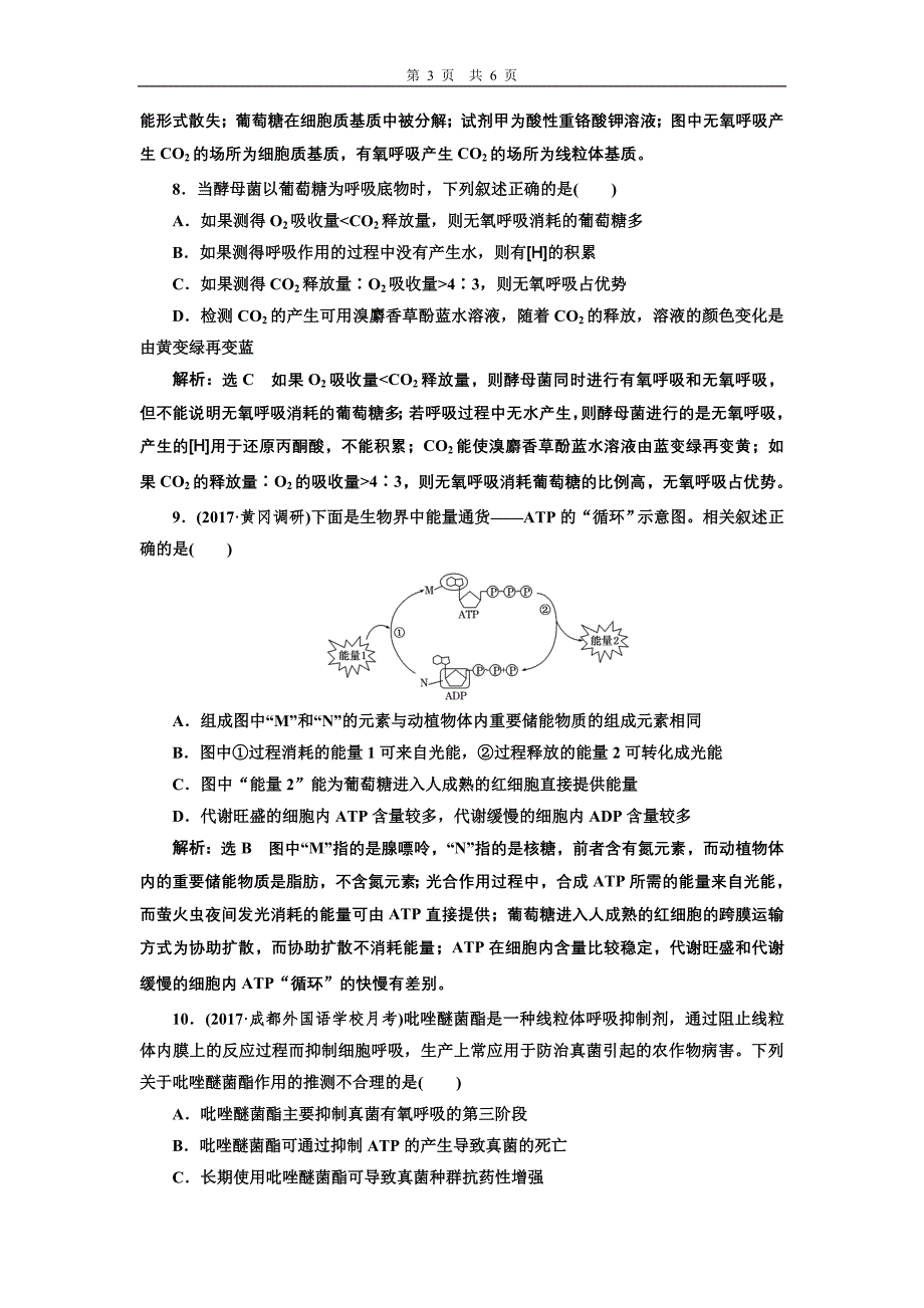 课时跟踪检测(九)  ATP与细胞呼吸的类型、过程_第3页