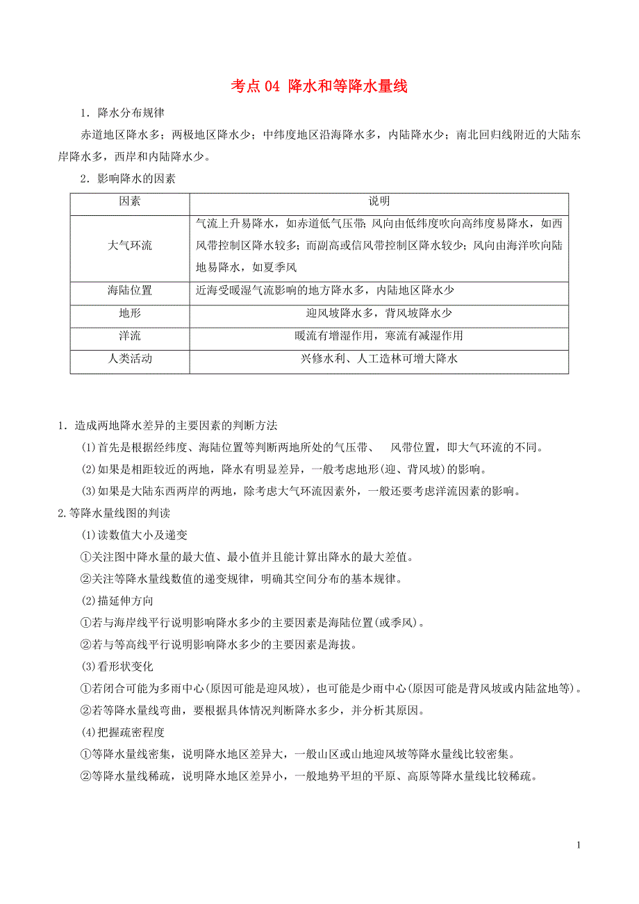 高三地理一轮复习最基醇点系列考点04降水和等降水量线新人教版_第1页