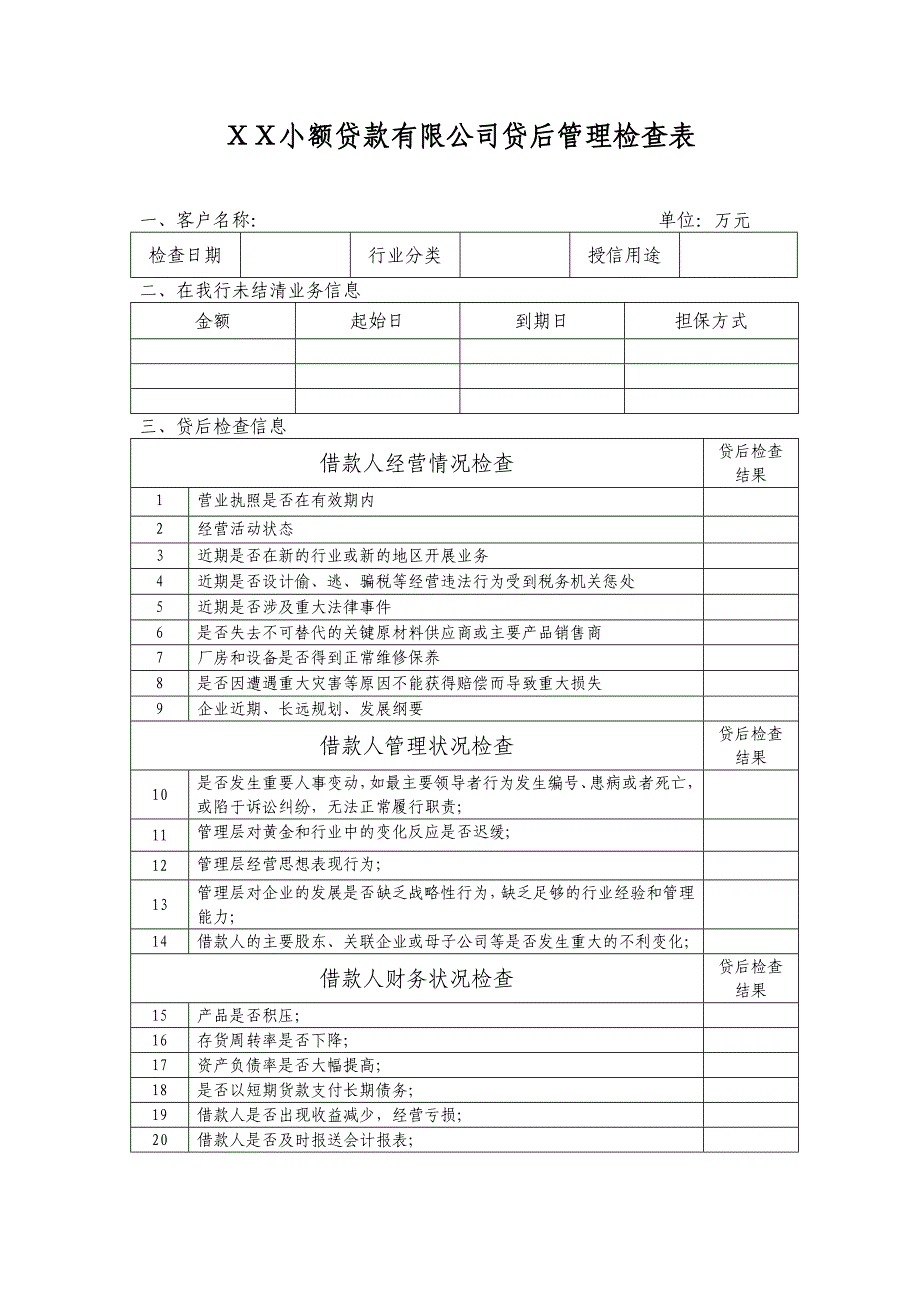 小额贷款有限公司贷后管理检查表_第1页