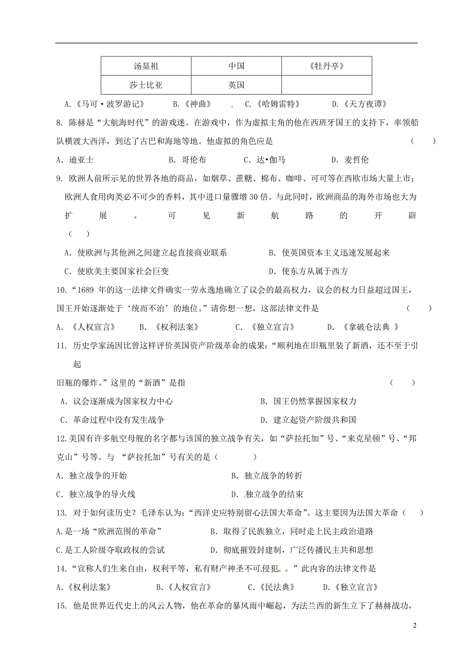 广东省东莞市2018届九年级历史上学期期中试题 新人教版_第2页