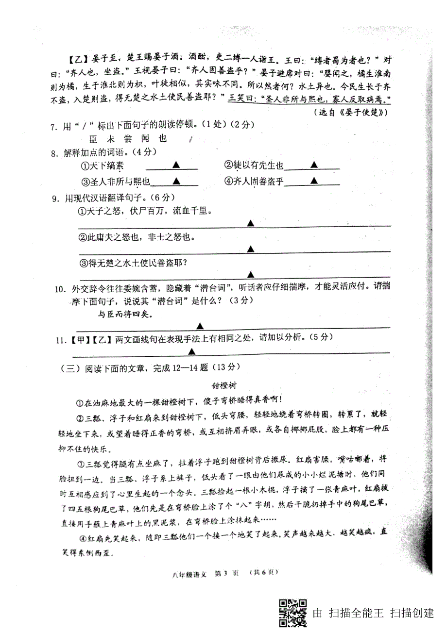 江苏省淮安市淮安区2017-2018学年八年级语文上学期期中学业质量监测试题 苏教版_第3页