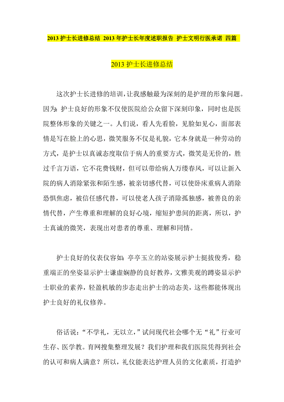 护士长进修总结  2013年护士长年度述职报告 护士文明行医承诺 四篇_第1页