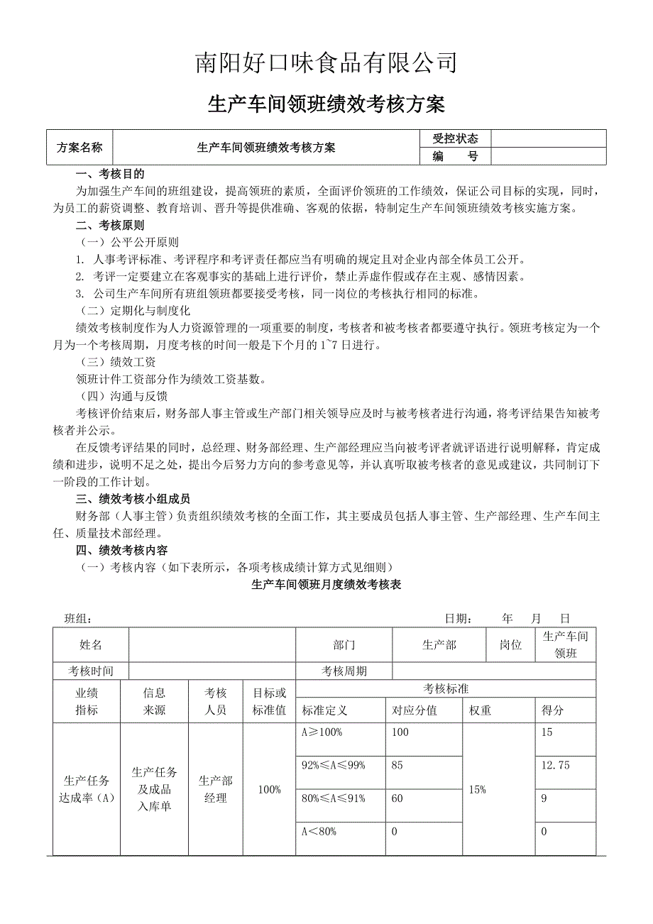 表格修订后-生产车间班组长绩效考核办法_第1页