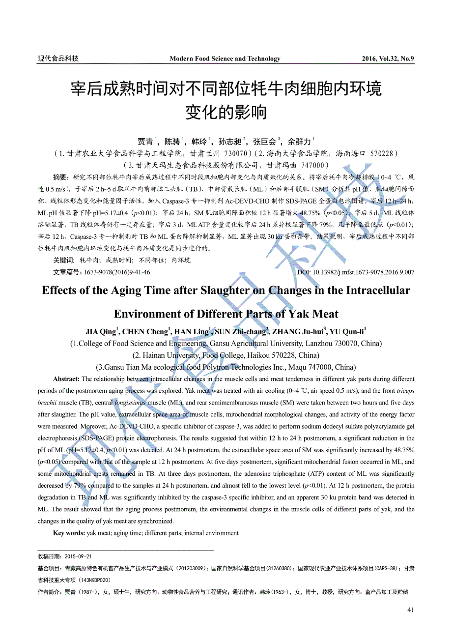 宰后成熟时间对不同部位牦牛肉细胞内环境变化的影响_第1页