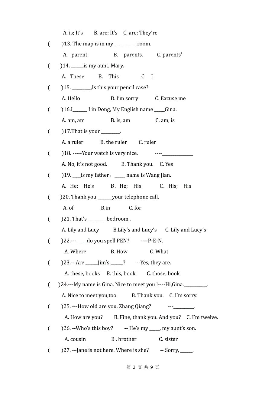 四川省苍溪县东溪片区2017_2018学年七年级英语上学期期中试题pdf无答案人教新目标_第2页