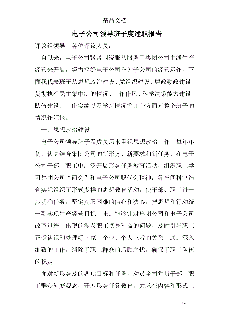 电子公司领导班子度述职报告 精选 _第1页