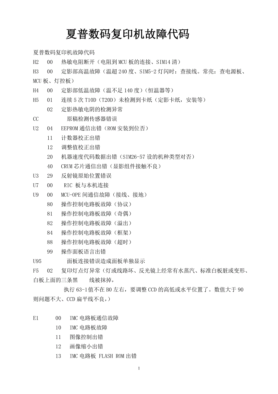 夏普数码复印机维修代码说明_第1页