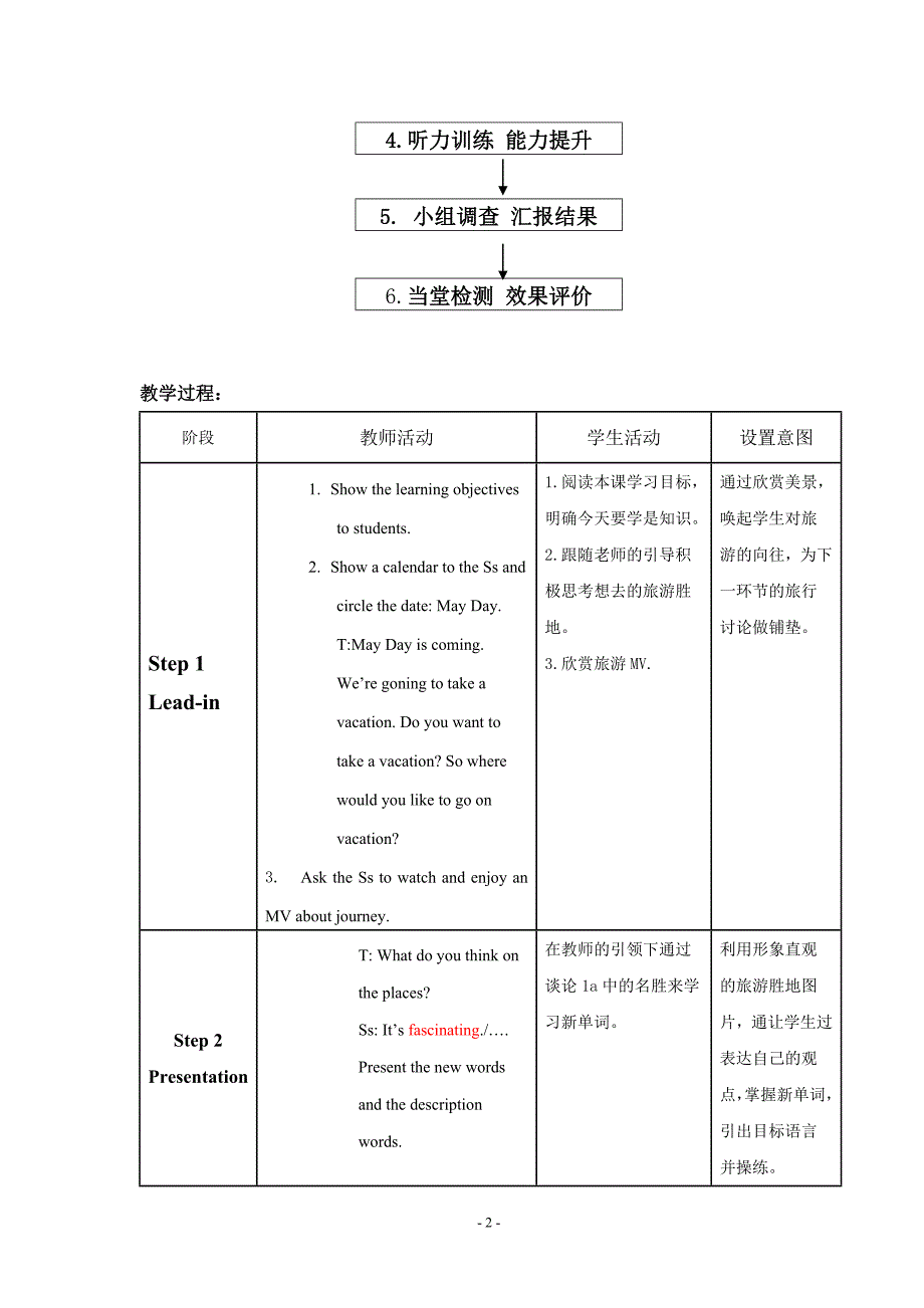 2017鲁教版八年级英语下册：Unit3Wherewouldyouliketovisit？SectionA1a-2c（教案）_第2页