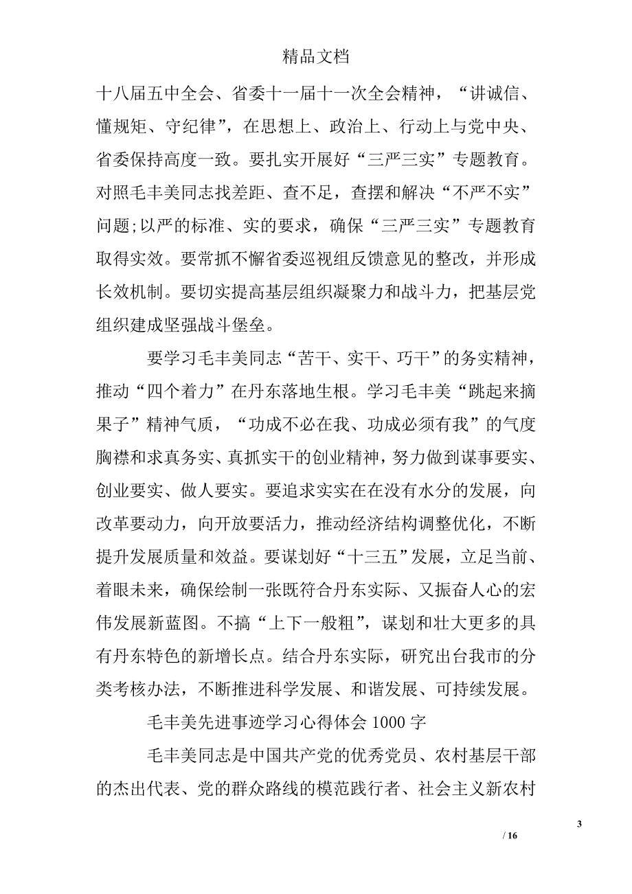 2016年6月毛丰美先进事迹学习心得体会1000字精选 _第3页