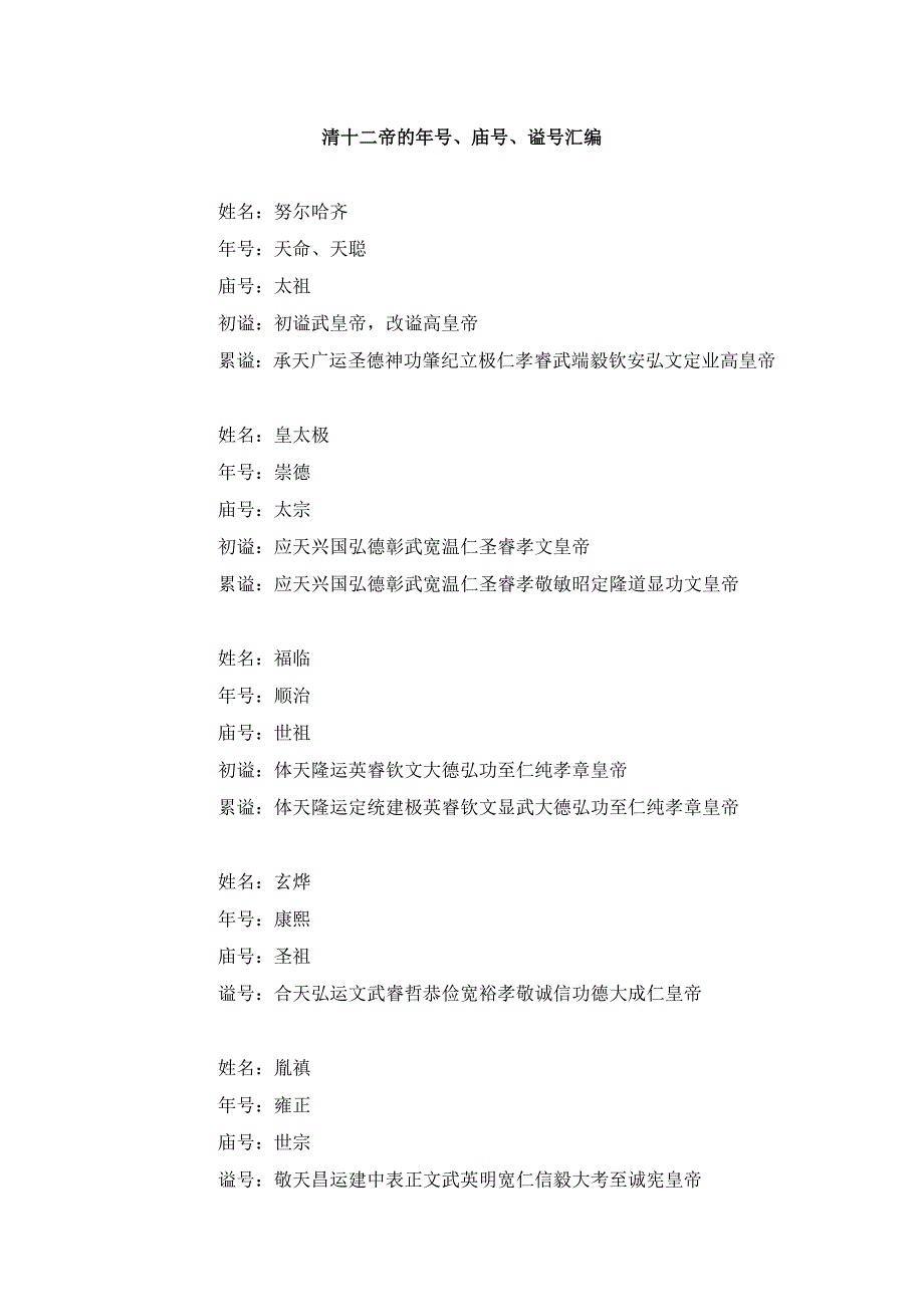 清十二帝的年号、庙号、谥号汇编_第1页
