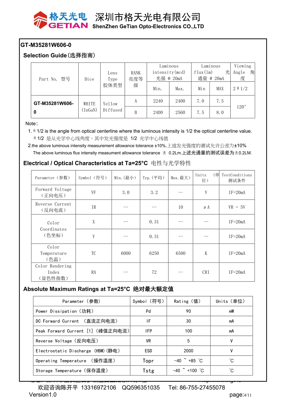 深圳市格天光电有限公司3528灯珠规格书_第4页