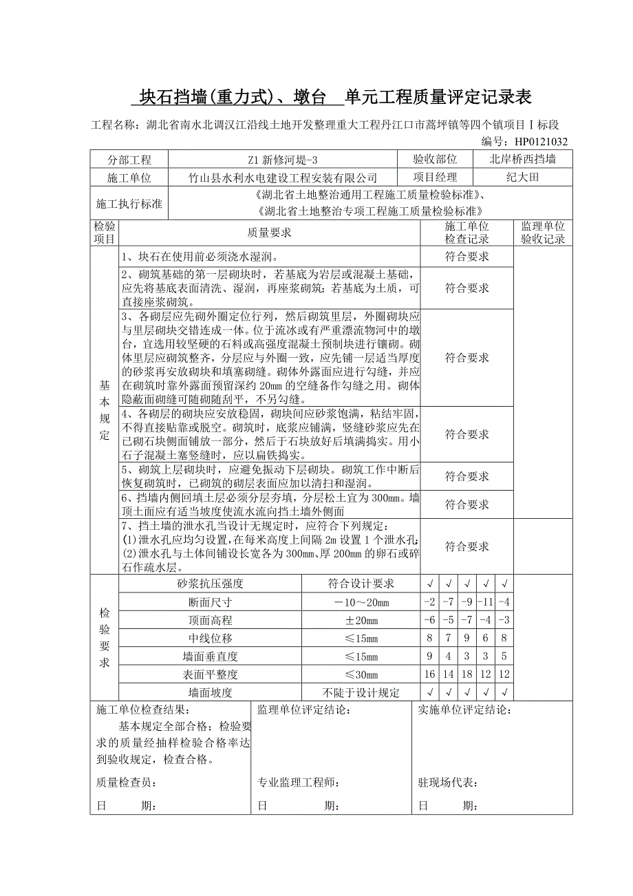 块石挡墙、墩台单元工程质量验收记录_第3页