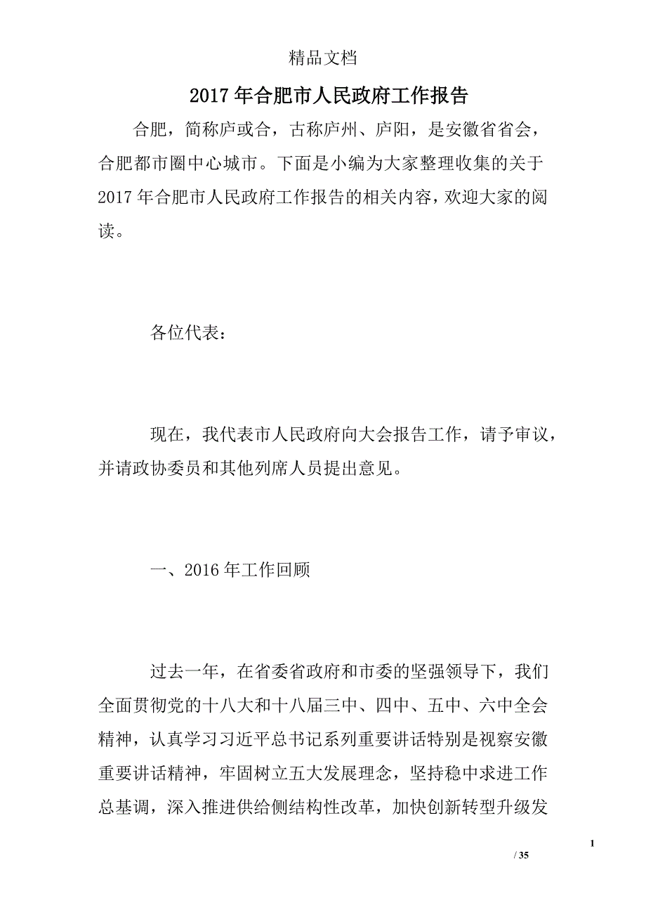 2017年合肥市人民政府工作报告 精选 _第1页