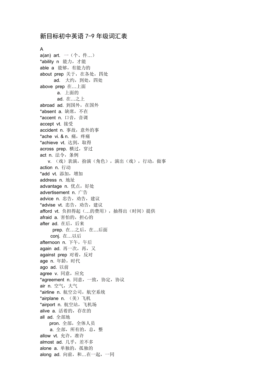 新目标初中英语7-9年级词汇表 按字母顺序排列_第1页