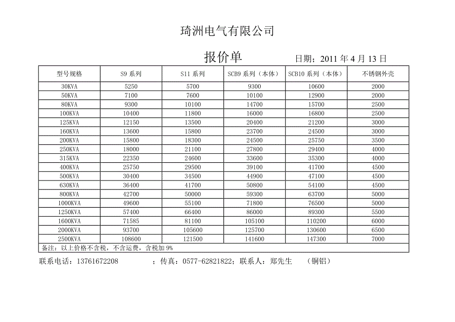 变压器价格表_第1页