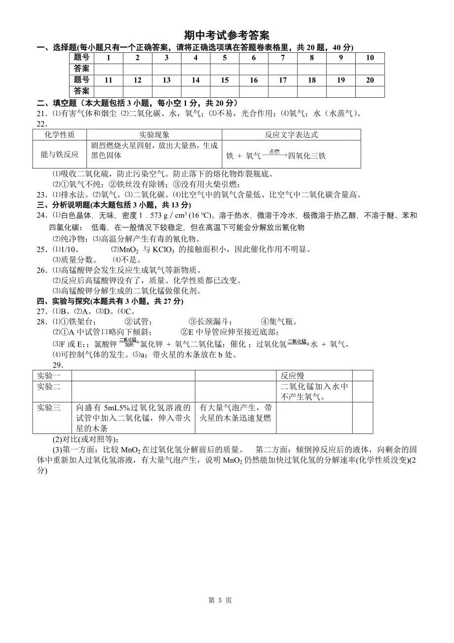 沪教版九年级化学期中测试卷(附答案)_第5页