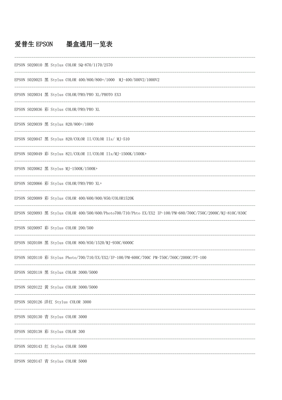 爱普生epson    墨盒通用一览表_第1页