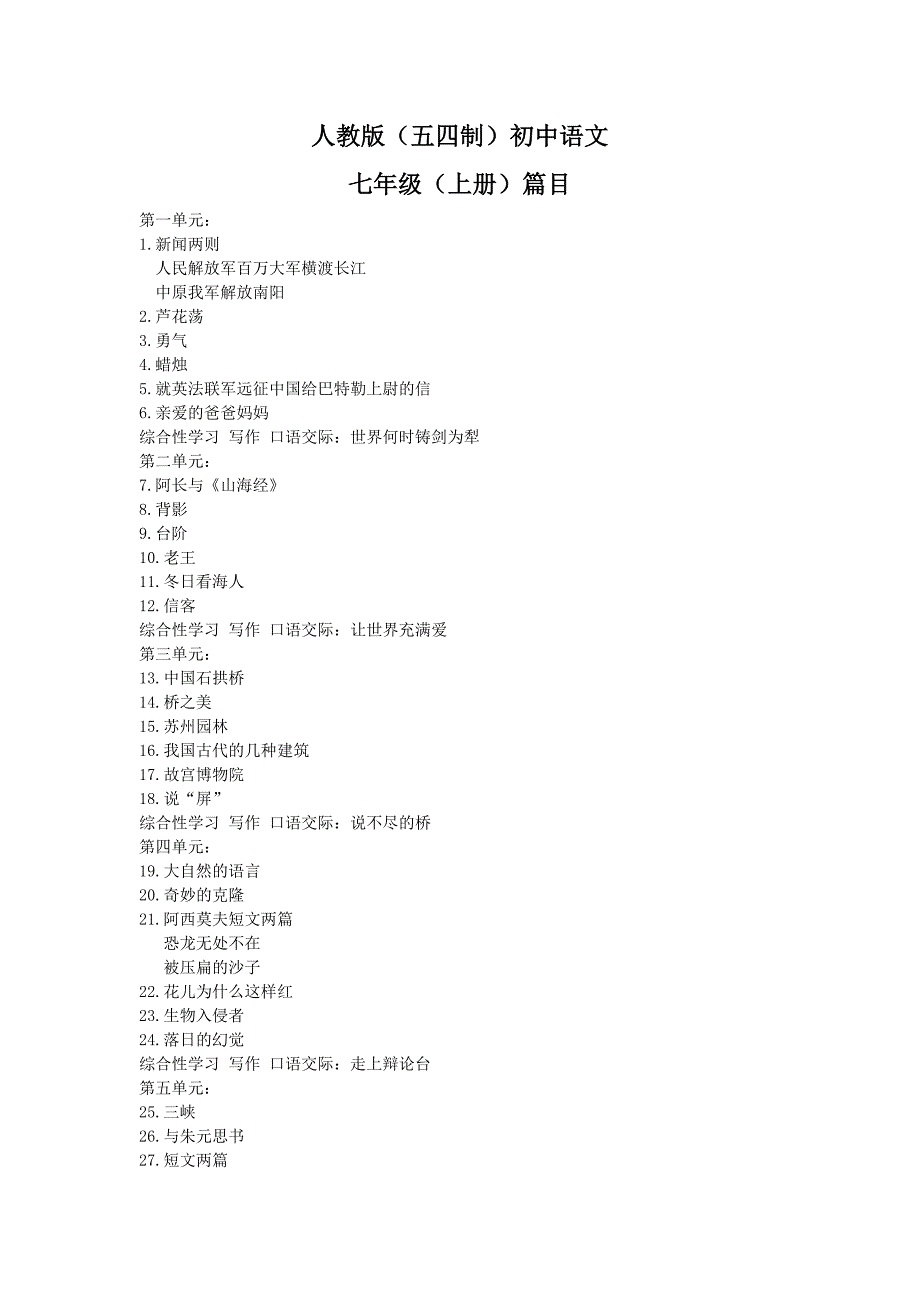 人教版(五四制)初中语文课程七年级上册篇目_第1页