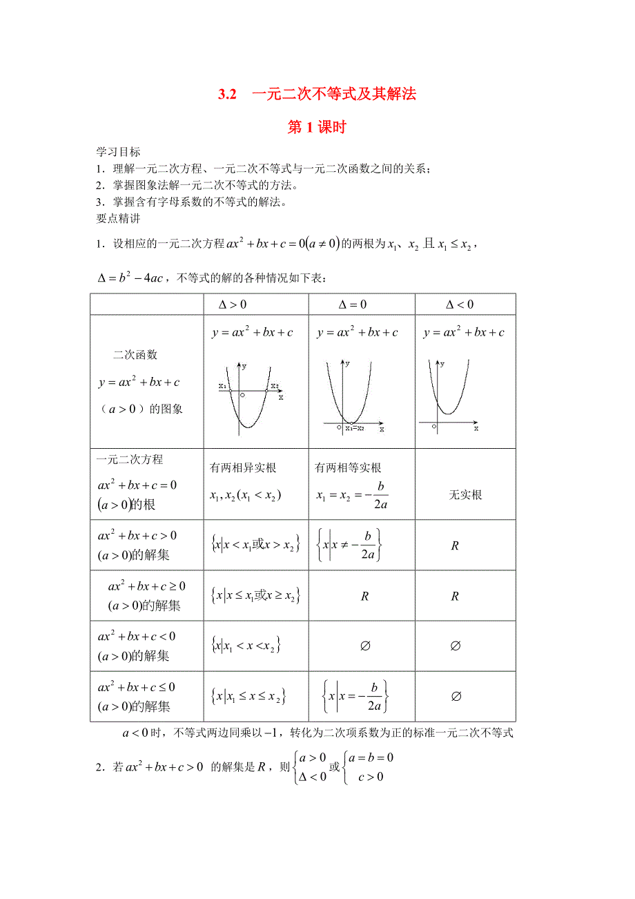 高中数学 3.2 一元二次不等式及其解法学案 新人教a版必修5_第1页