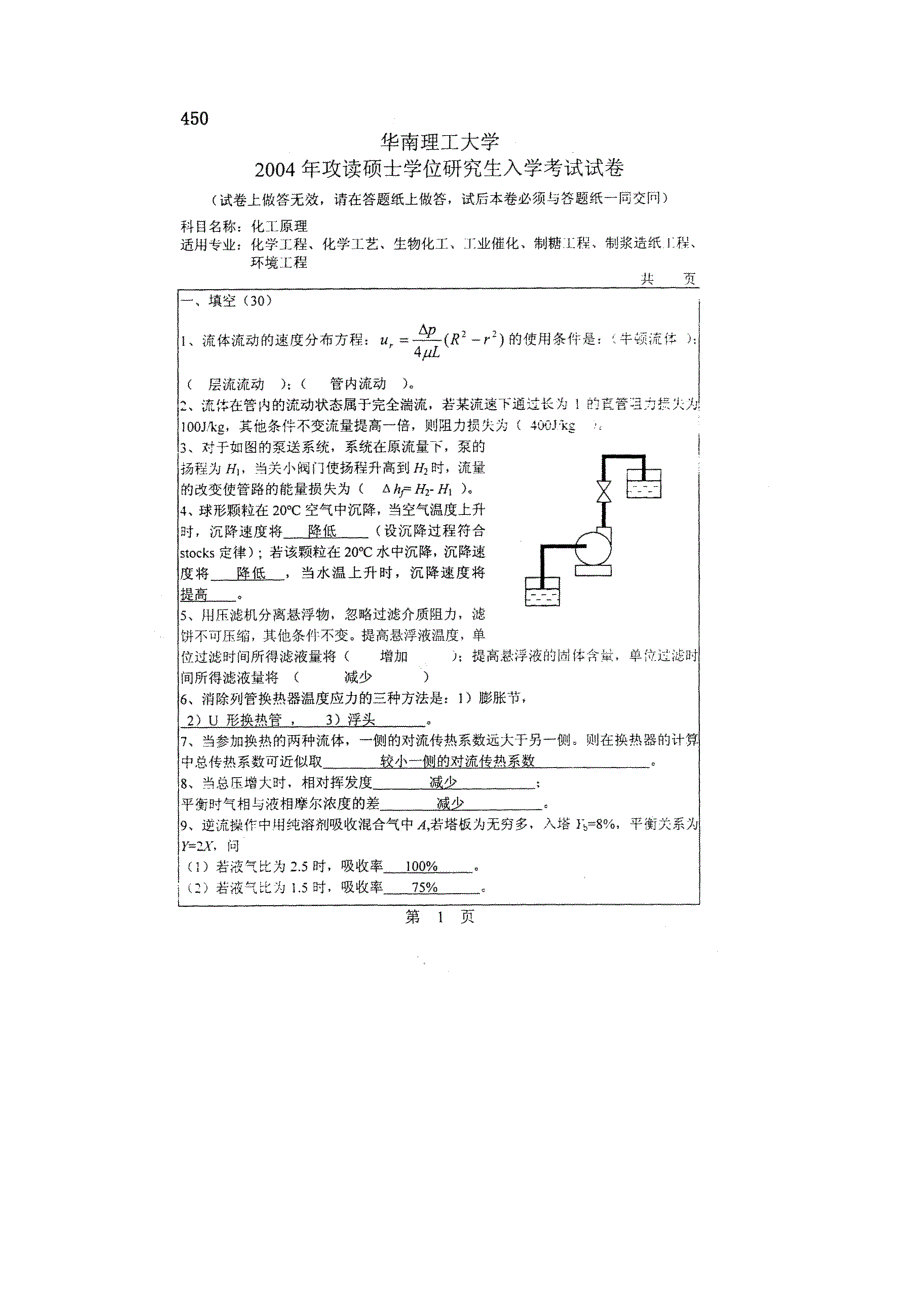 2004华南理工大学化工原理考研真题与答案_第1页