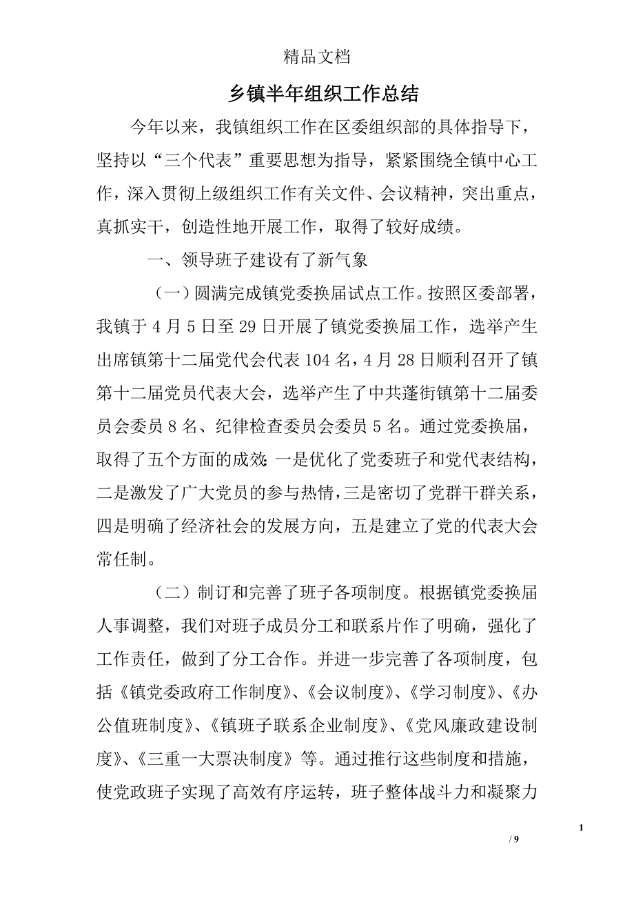 乡镇半年组织工作总结精选 _第1页