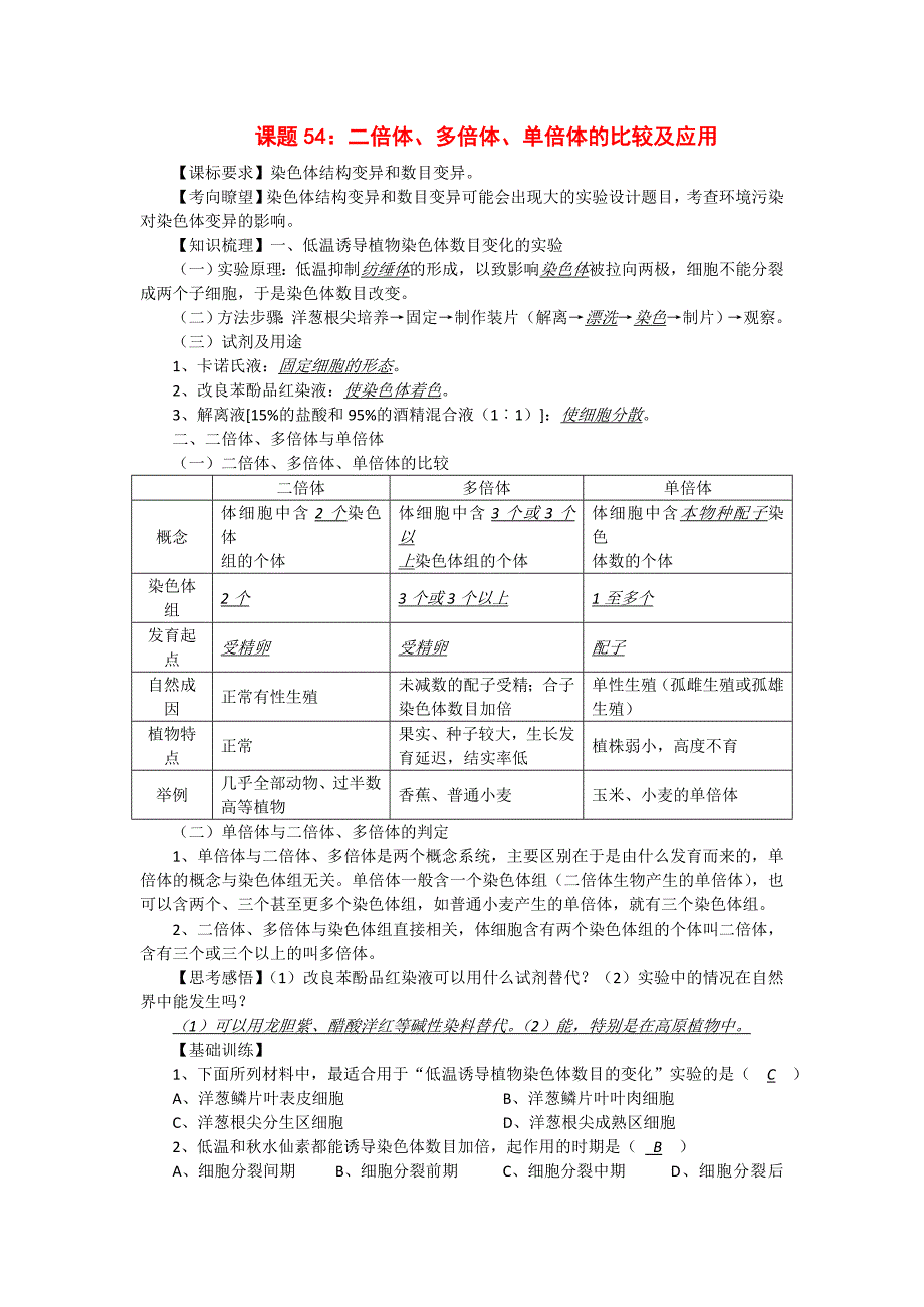 高考生物 同步讲练结合素材 课题54 二倍体 多倍体的应用 中图版必修1_第1页