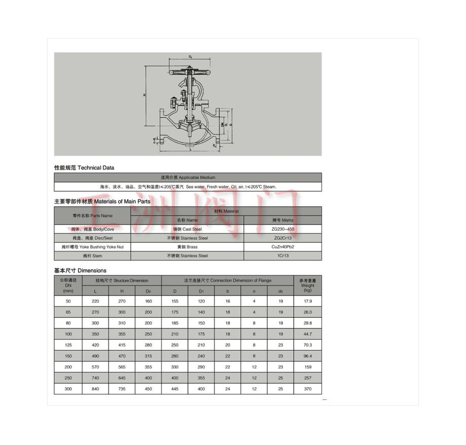 船用铸钢法兰直通截止阀f7319_第2页