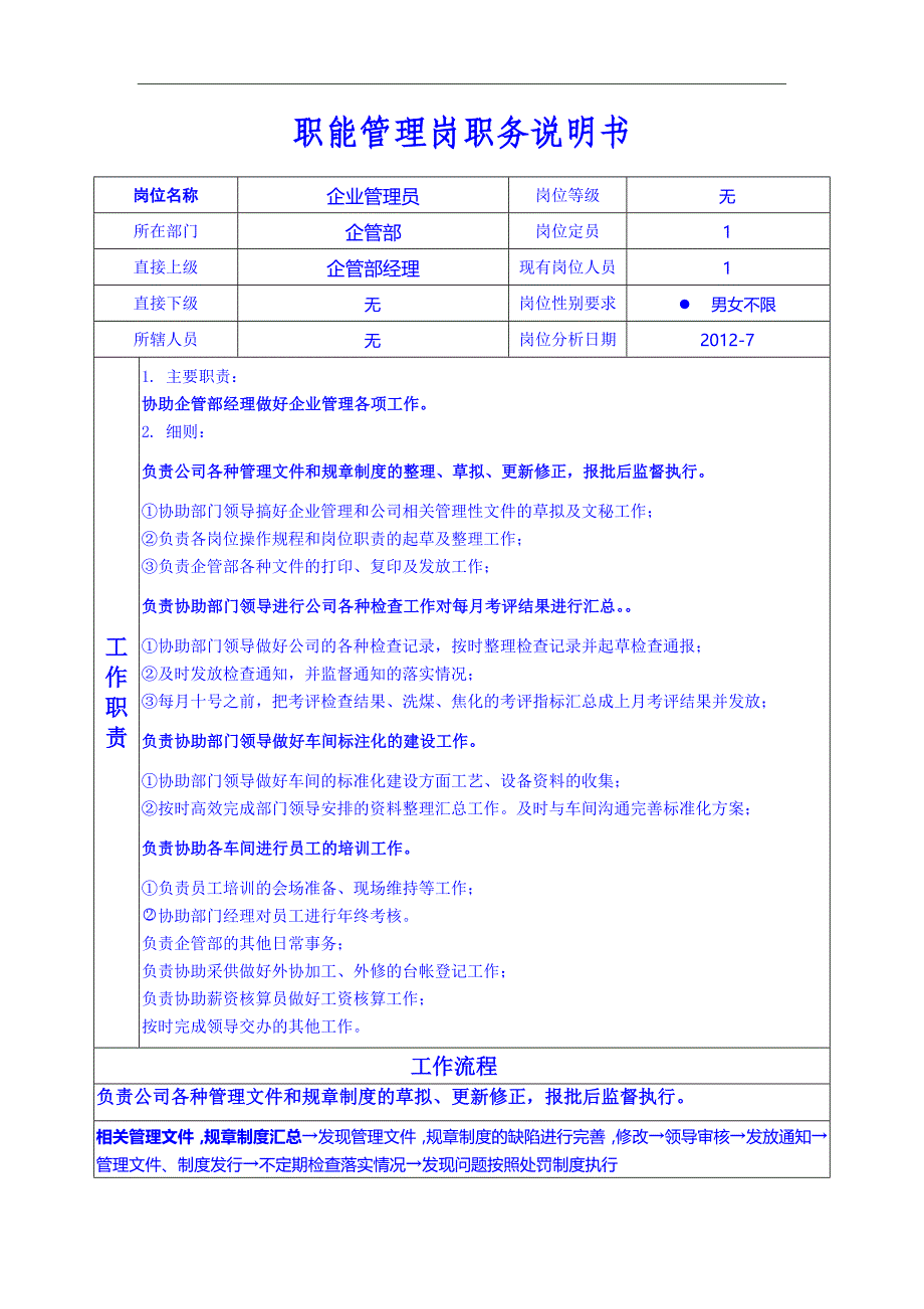 企业管理员职能管理岗职务说明书_第1页