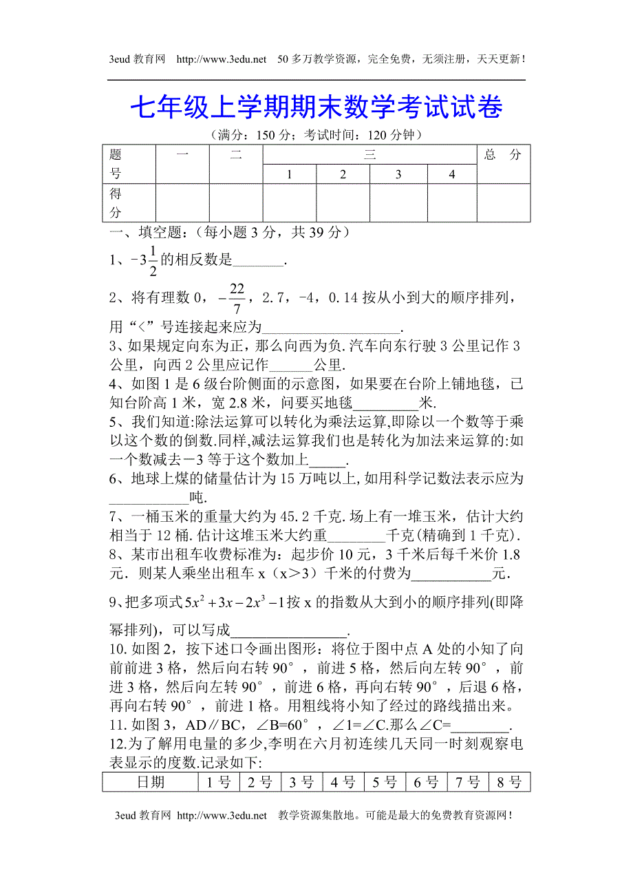 七年级上学期期末数学考试试卷--人教版_第1页