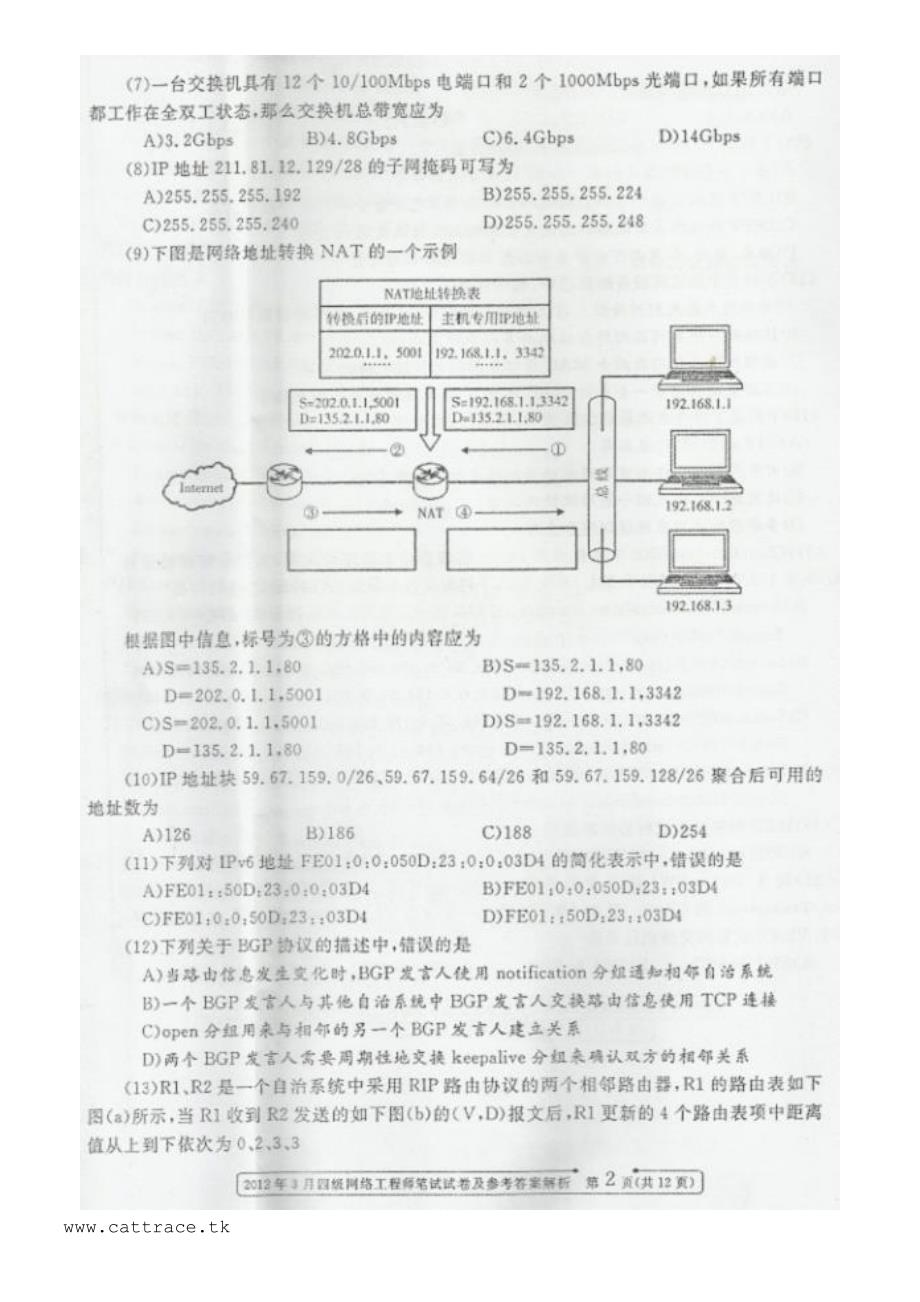 2012年3月全国计算机等级考试四级网络工程师笔试真题及答案_第2页