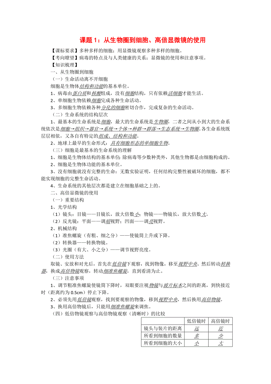 高考生物 同步讲练结合素材 课题1 从生物圈到细胞、高倍显微镜的使用 中图版必修1_第1页