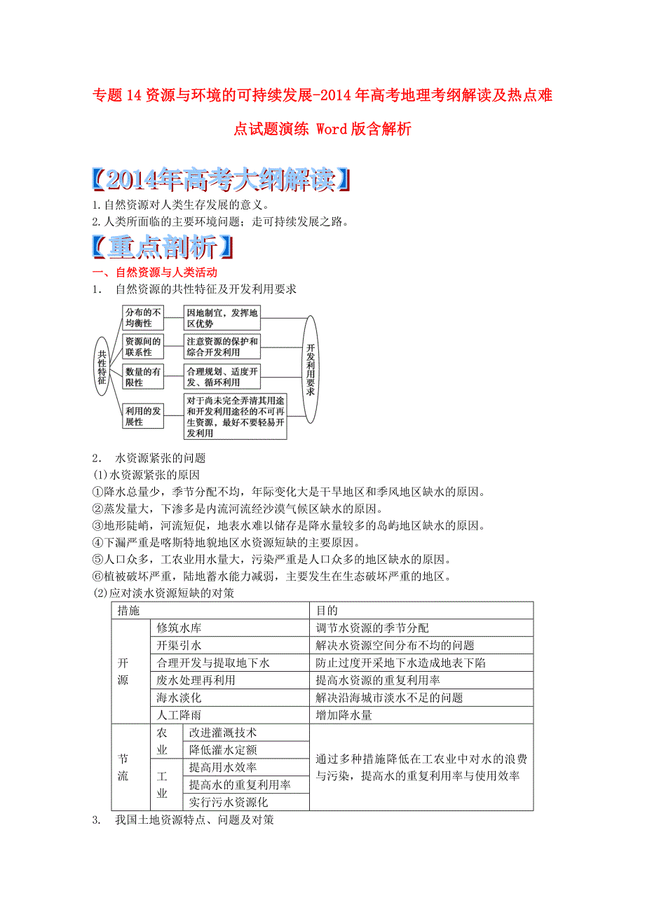 高考地理 专题14 资源与环境的可持续发展考纲解读及热点难点试题演练_第1页