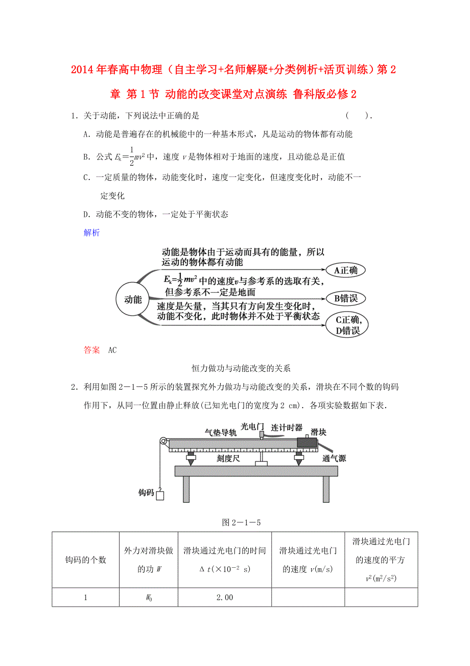 高中物理（自主学习+名师解疑+分类例析+活页训练）第2章 第1节 动能的改变课堂对点演练 鲁科版必修2_第1页