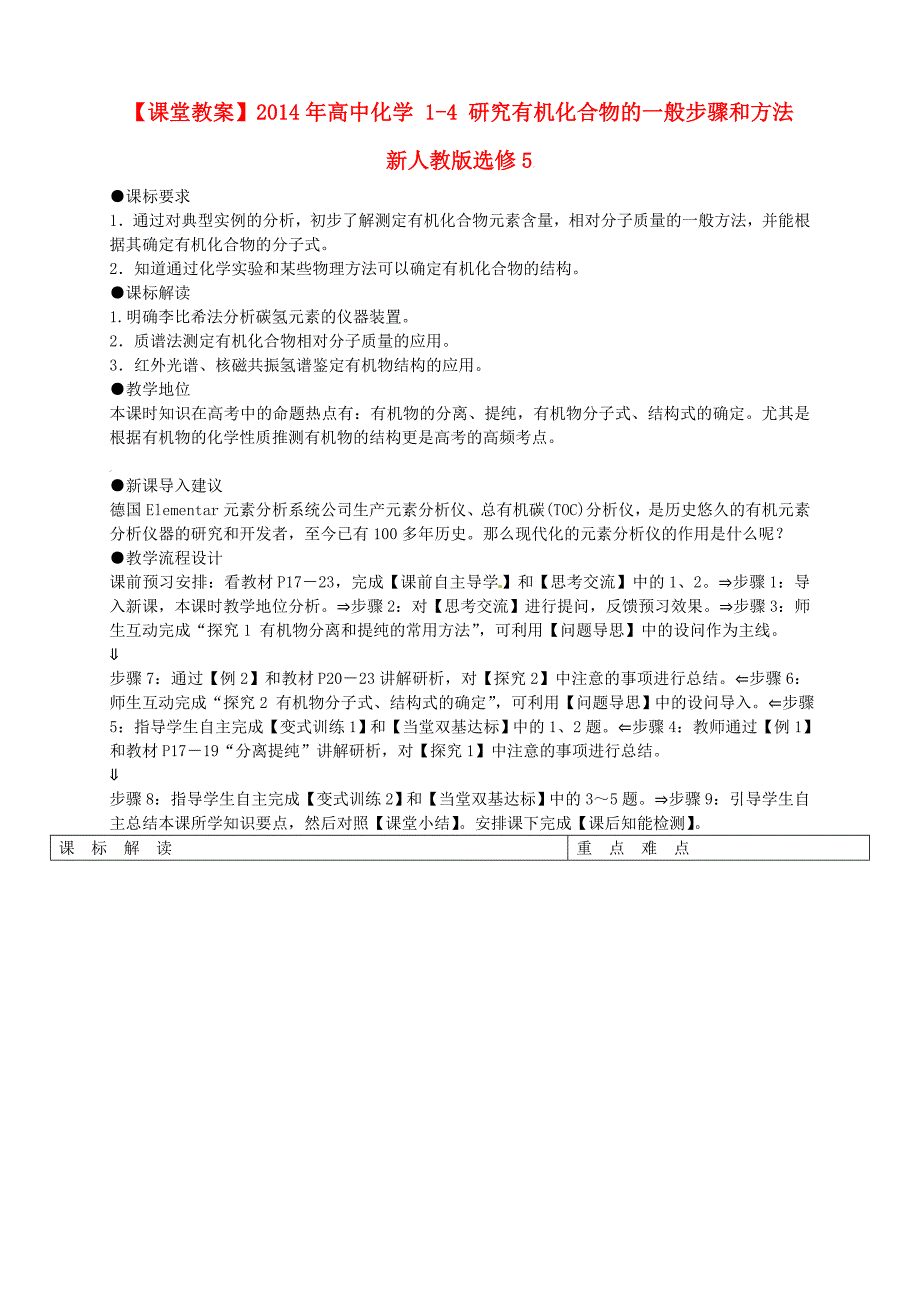 高中化学 1-4 研究有机化合物的一般步骤和方法课堂教案 新人教版选修5_第1页