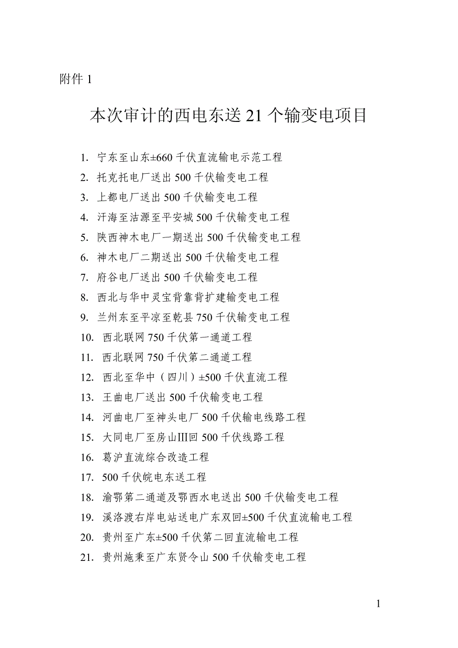 本次审计的西电东送21个输变电项目_第1页