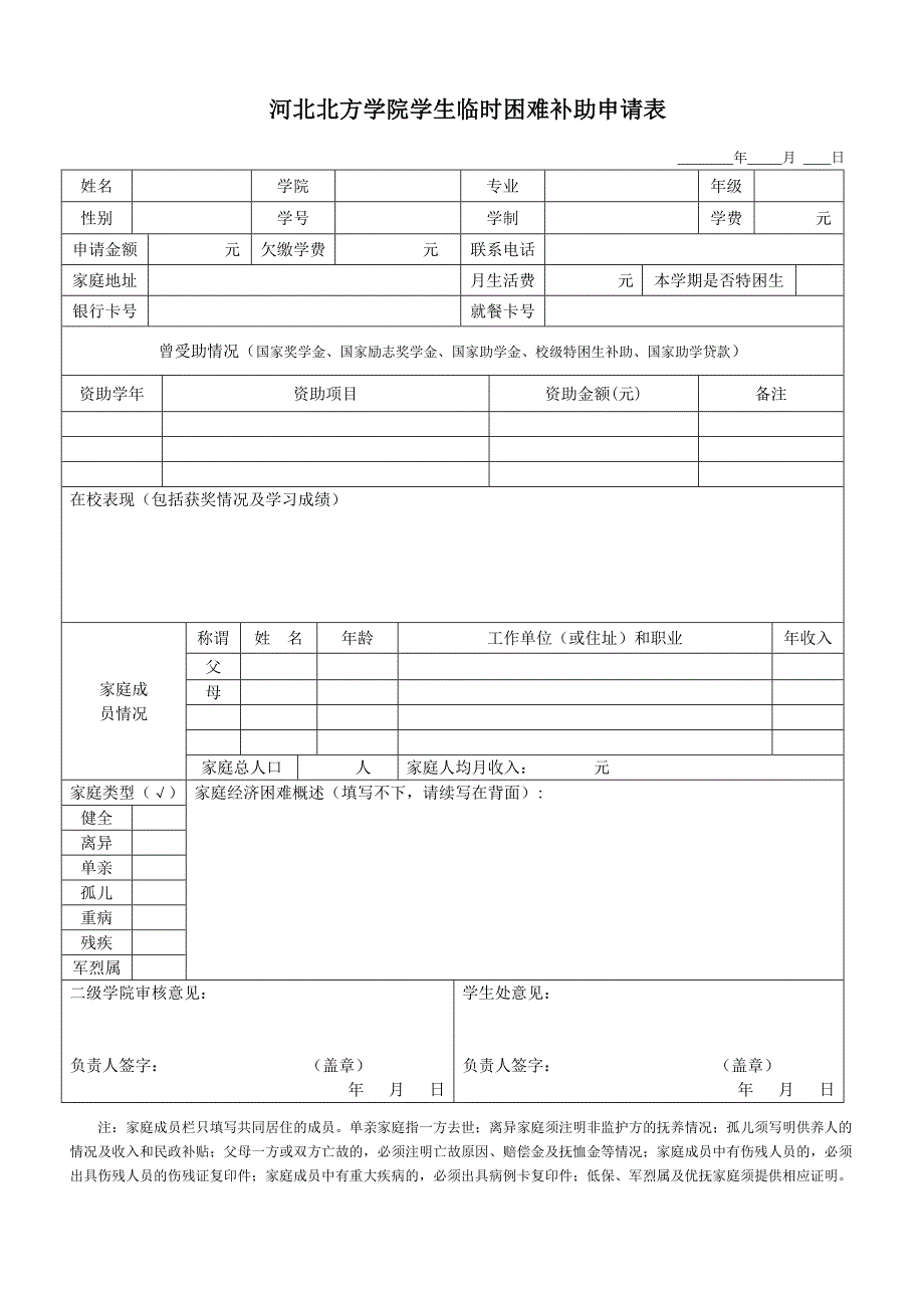 河北北方学院学生临时困难补助申请表_第1页